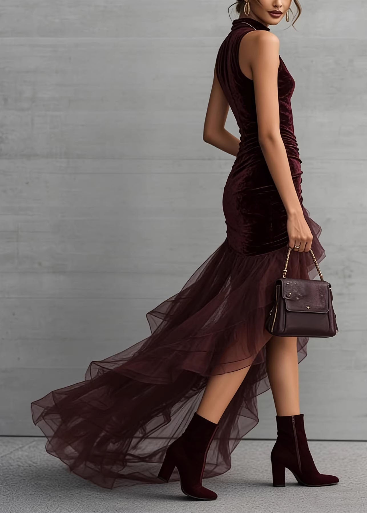 Italian Brown Asymmetrical Tulle Patchwork Velvet Long Dress Sleeveless