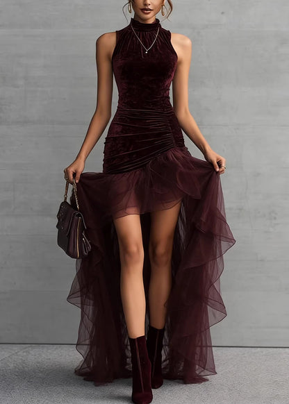 Italian Brown Asymmetrical Tulle Patchwork Velvet Long Dress Sleeveless