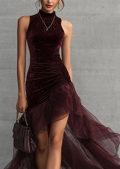 Italian Brown Asymmetrical Tulle Patchwork Velvet Long Dress Sleeveless