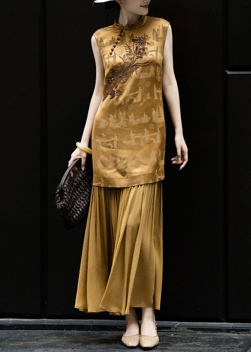 Italian Brown Embroidered Patchwork Silk Dresses Summer
