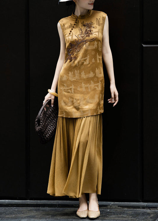 Italian Brown Embroidered Patchwork Silk Dresses Summer