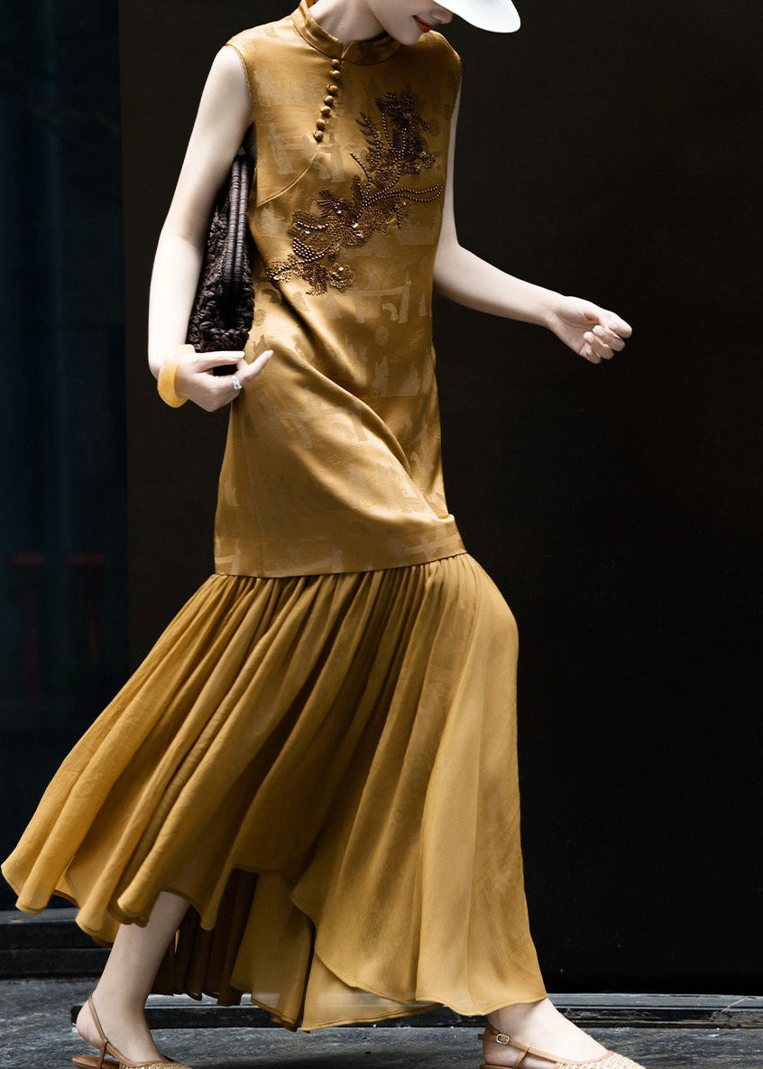 Italian Brown Embroidered Patchwork Silk Dresses Summer