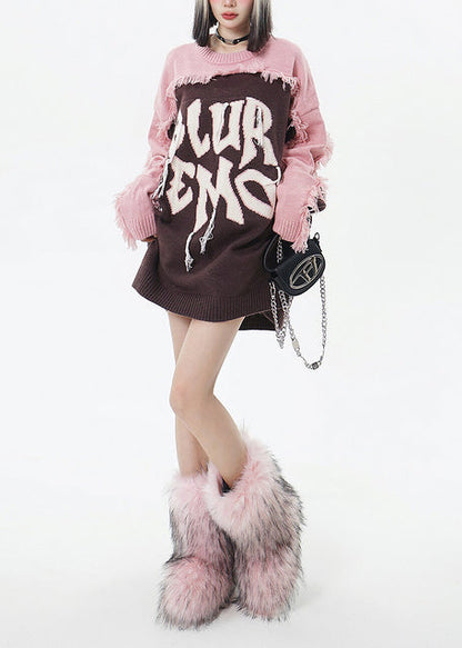 Italian Brown Embroidered Patchwork Tasseled Long Sweaters Winter