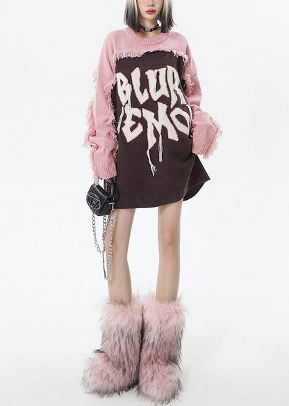 Italian Brown Embroidered Patchwork Tasseled Long Sweaters Winter