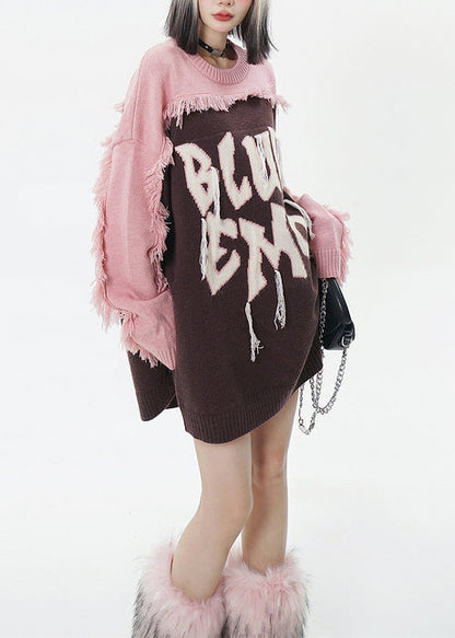 Italian Brown Embroidered Patchwork Tasseled Long Sweaters Winter