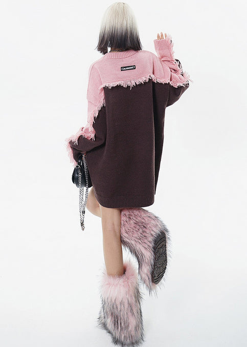 Italian Brown Embroidered Patchwork Tasseled Long Sweaters Winter