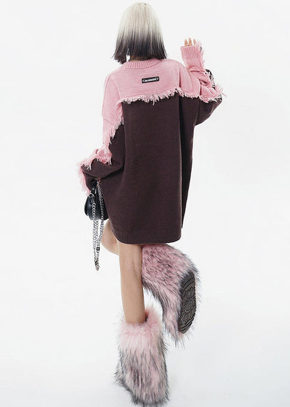 Italian Brown Embroidered Patchwork Tasseled Long Sweaters Winter