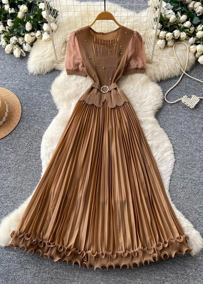 Italian Brown Nail Bead Patchwork Pleated Dress Summer