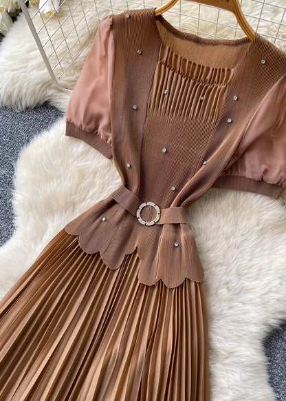 Italian Brown Nail Bead Patchwork Pleated Dress Summer
