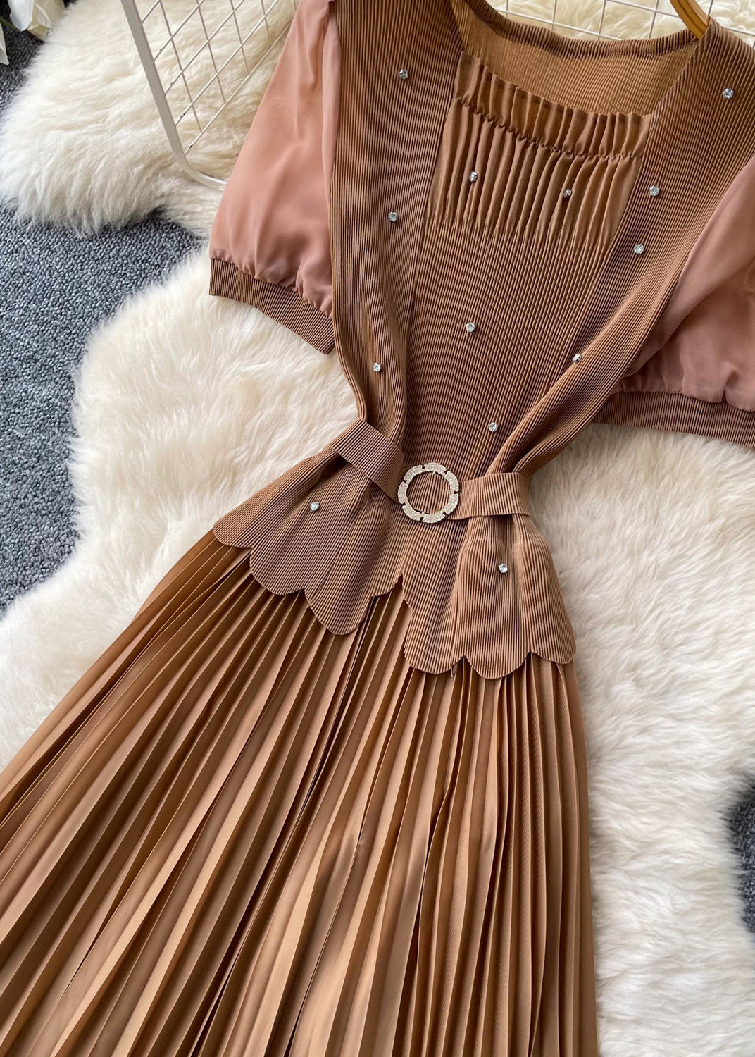 Italian Brown Nail Bead Patchwork Pleated Dress Summer