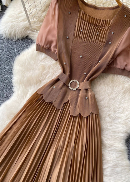 Italian Brown Nail Bead Patchwork Pleated Dress Summer