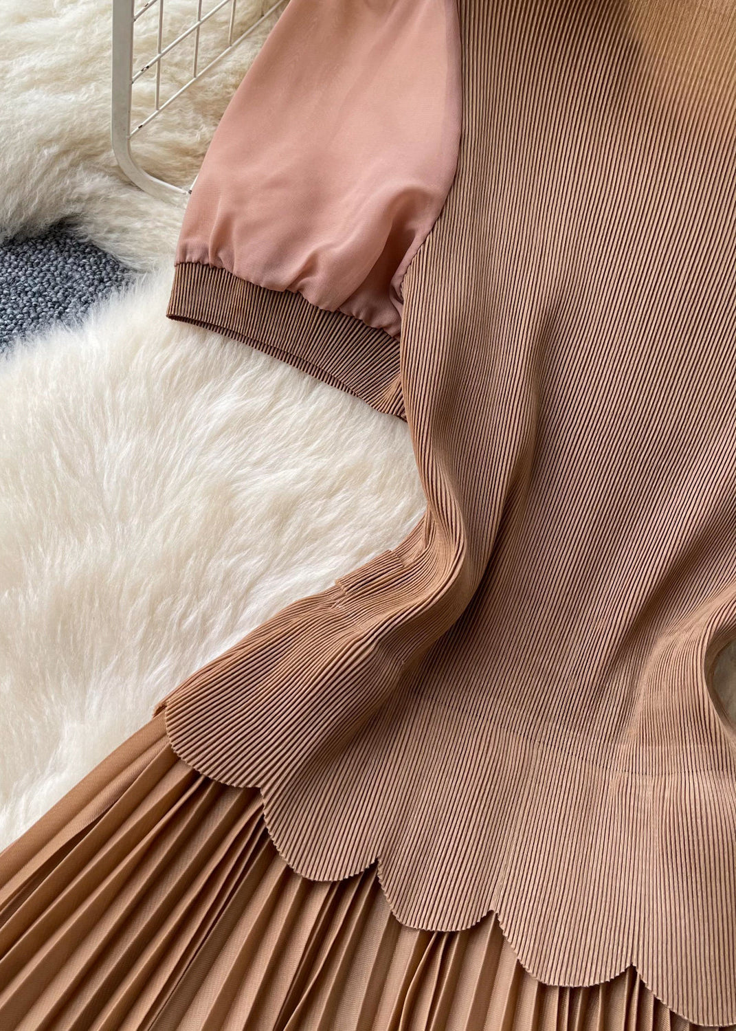 Italian Brown Nail Bead Patchwork Pleated Dress Summer