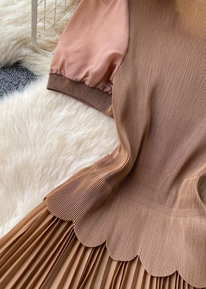 Italian Brown Nail Bead Patchwork Pleated Dress Summer
