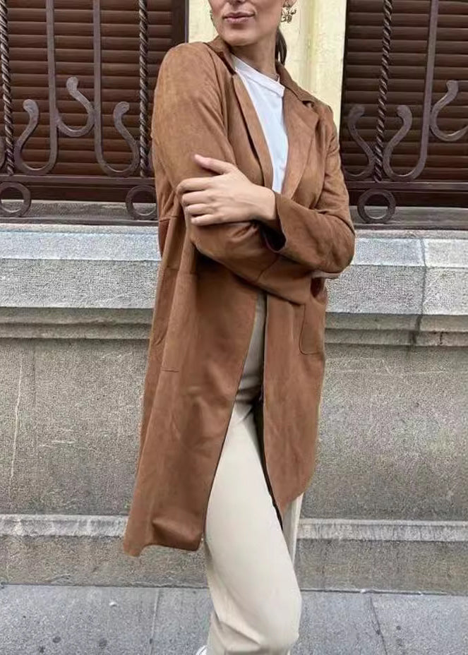 Italian Brown Notched Pockets Faux Suede Trench Fall