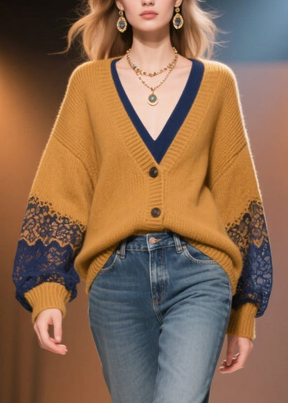 Italian Brown Oversized Patchwork Lace Fake Two Piece Cardigans Fall