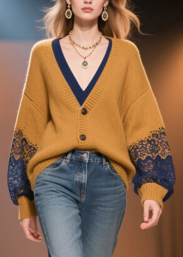 Italian Brown Oversized Patchwork Lace Fake Two Piece Cardigans Fall