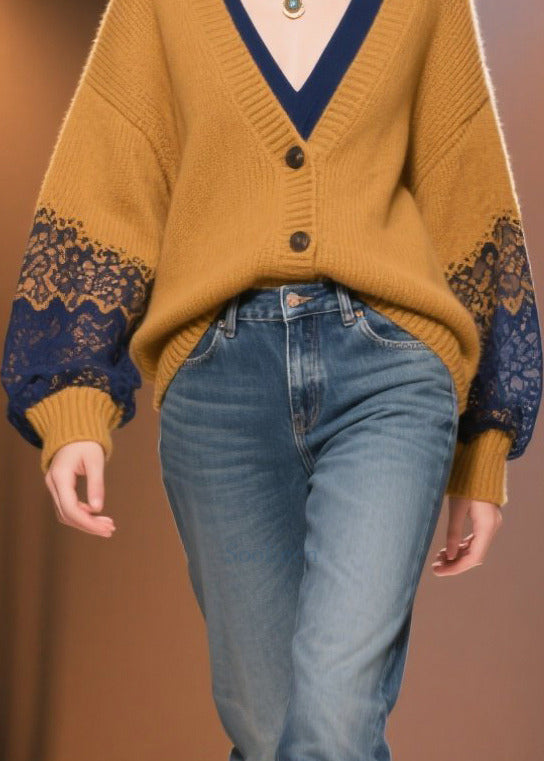 Italian Brown Oversized Patchwork Lace Fake Two Piece Cardigans Fall