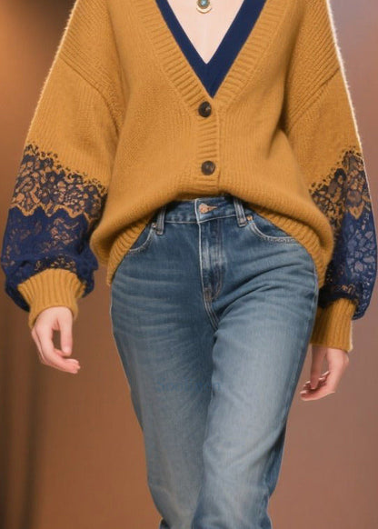 Italian Brown Oversized Patchwork Lace Fake Two Piece Cardigans Fall