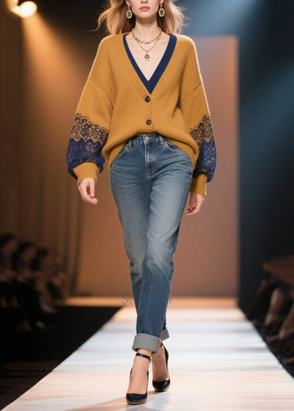 Italian Brown Oversized Patchwork Lace Fake Two Piece Cardigans Fall