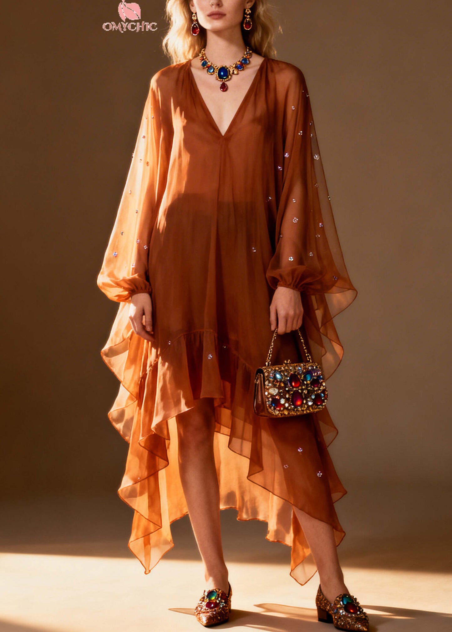 Italian Brown Oversized Rhinestone Chiffon Party Dress Summer