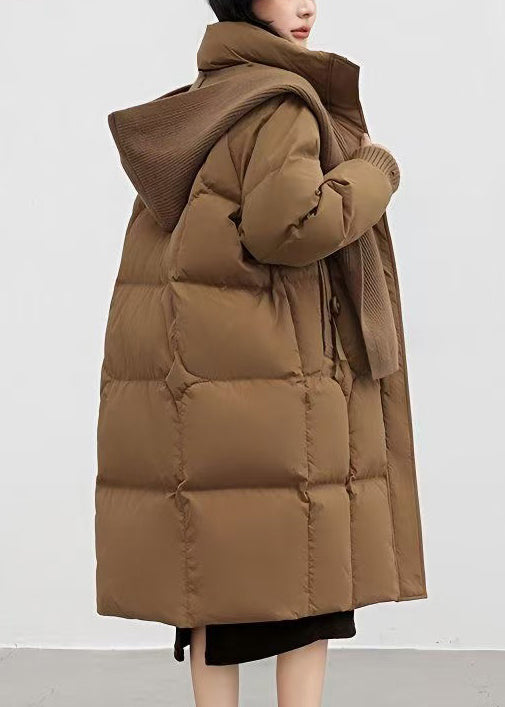 Italian Brown Oversized With Knitted Scarf Duck Down Down Coat Winter