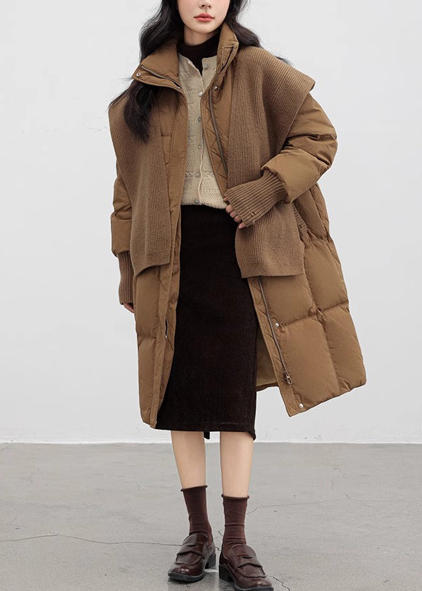 Italian Brown Oversized With Knitted Scarf Duck Down Down Coat Winter