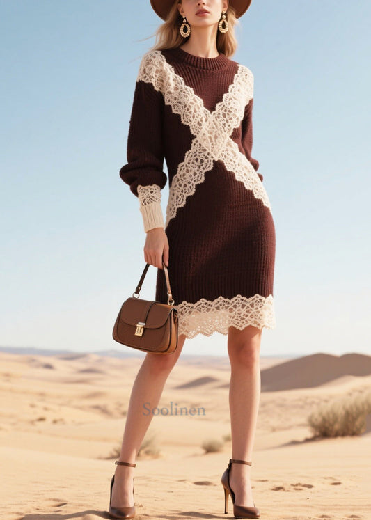 Italian Brown Patchwork Lace Sweater Dress Winter