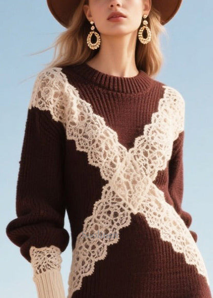 Italian Brown Patchwork Lace Sweater Dress Winter