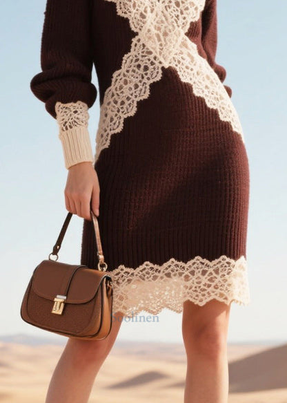 Italian Brown Patchwork Lace Sweater Dress Winter