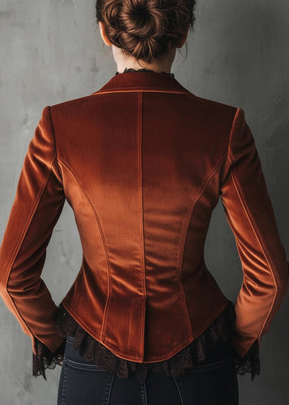 Italian Brown Peter Pan Collar Lace Patchwork Velvet Coats Fall