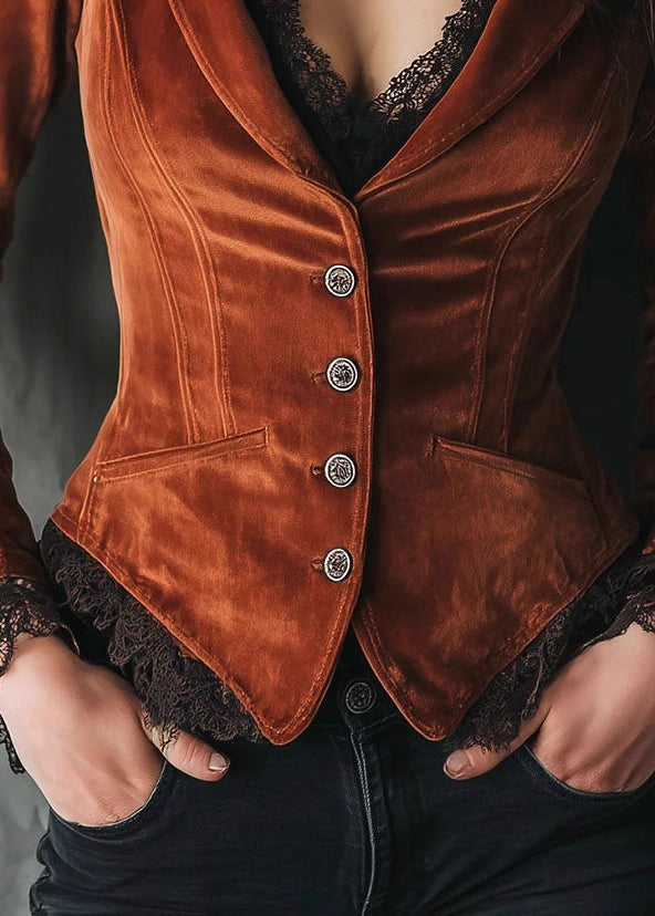 Italian Brown Peter Pan Collar Lace Patchwork Velvet Coats Fall