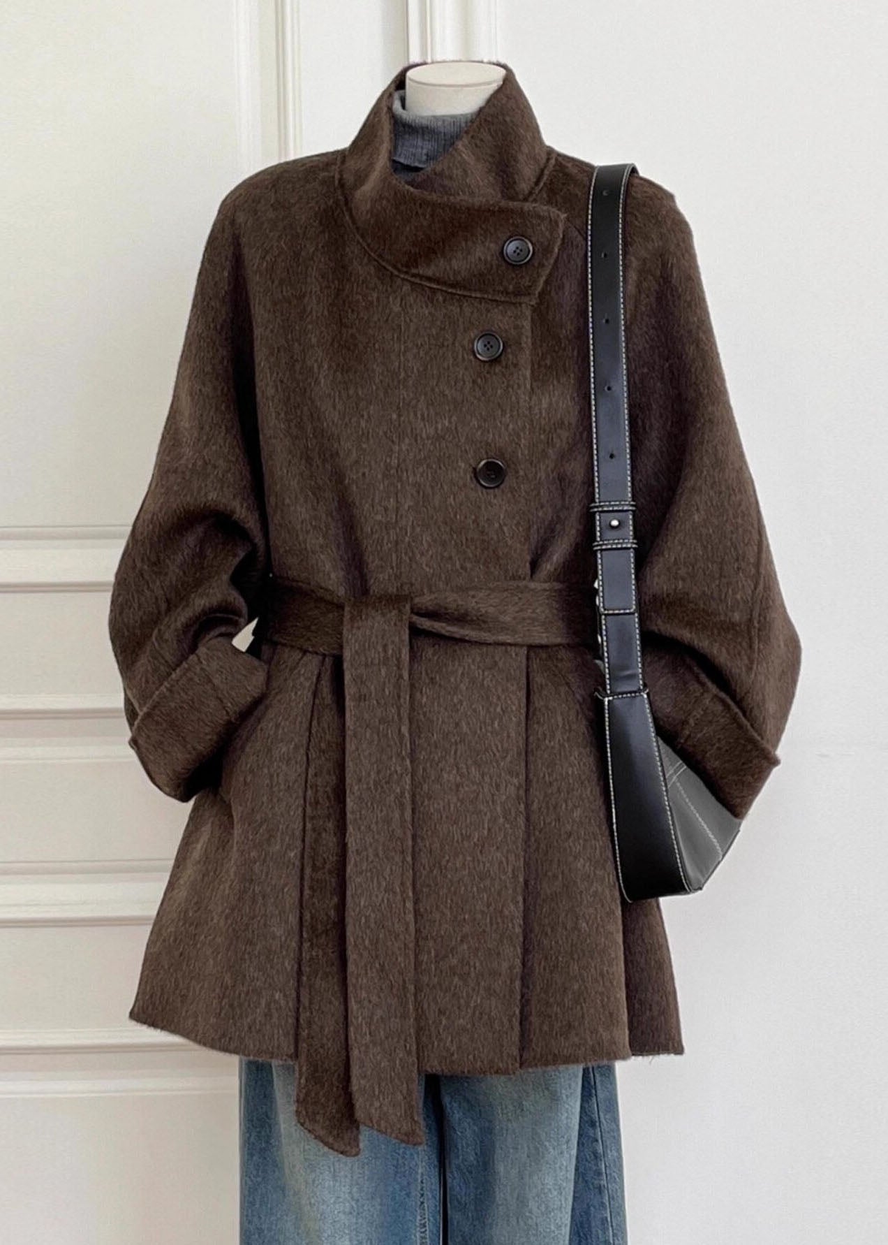 Italian Brown Pockets Patchwork Tie Waist Woolen Coat Long Sleeve