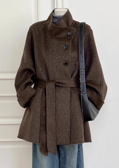 Italian Brown Pockets Patchwork Tie Waist Woolen Coat Long Sleeve
