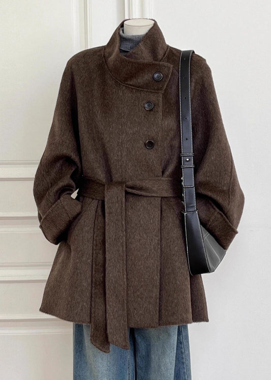 Italian Brown Pockets Patchwork Tie Waist Woolen Coat Long Sleeve