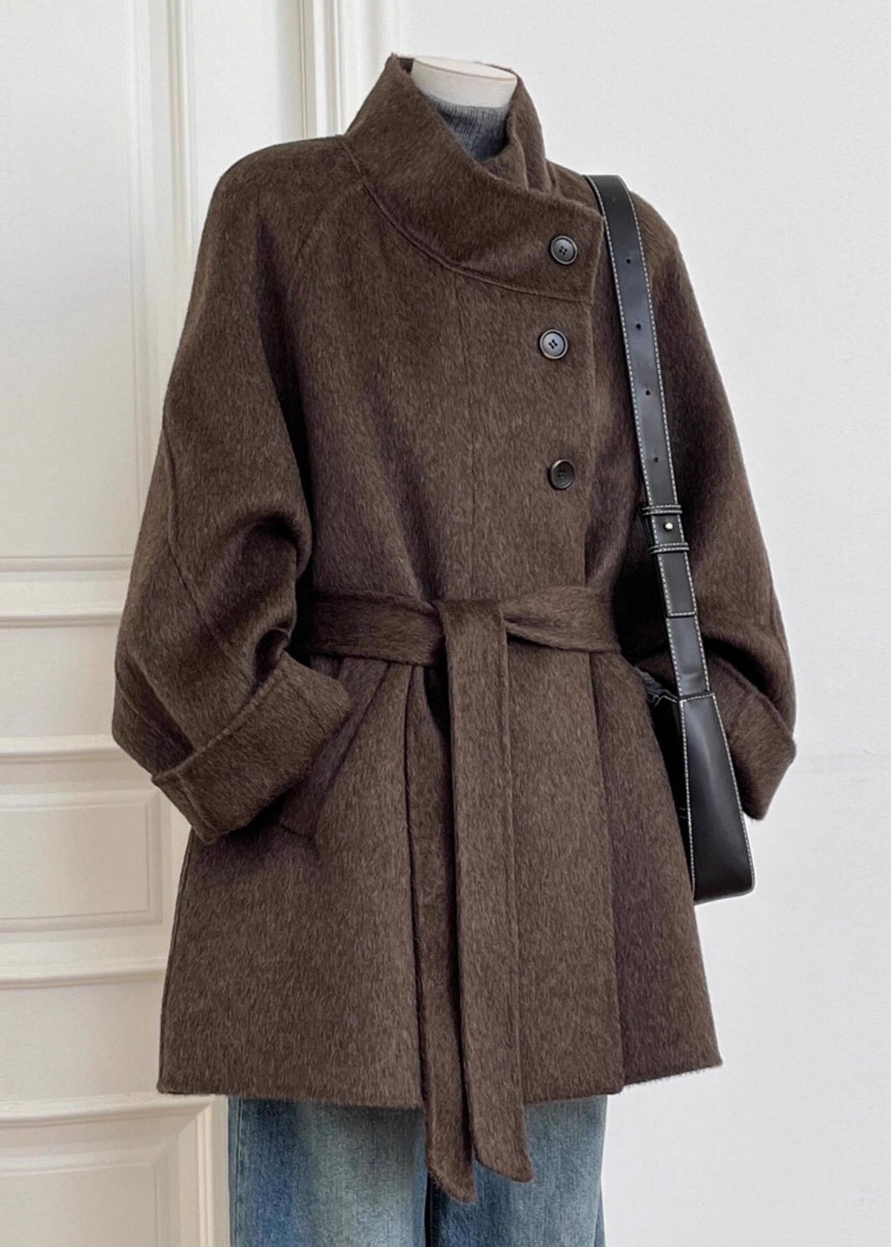 Italian Brown Pockets Patchwork Tie Waist Woolen Coat Long Sleeve