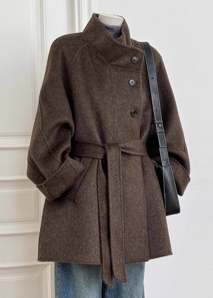 Italian Brown Pockets Patchwork Tie Waist Woolen Coat Long Sleeve