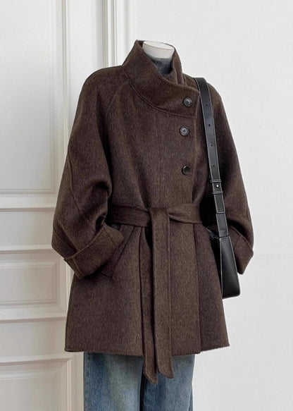 Italian Brown Pockets Patchwork Tie Waist Woolen Coat Long Sleeve