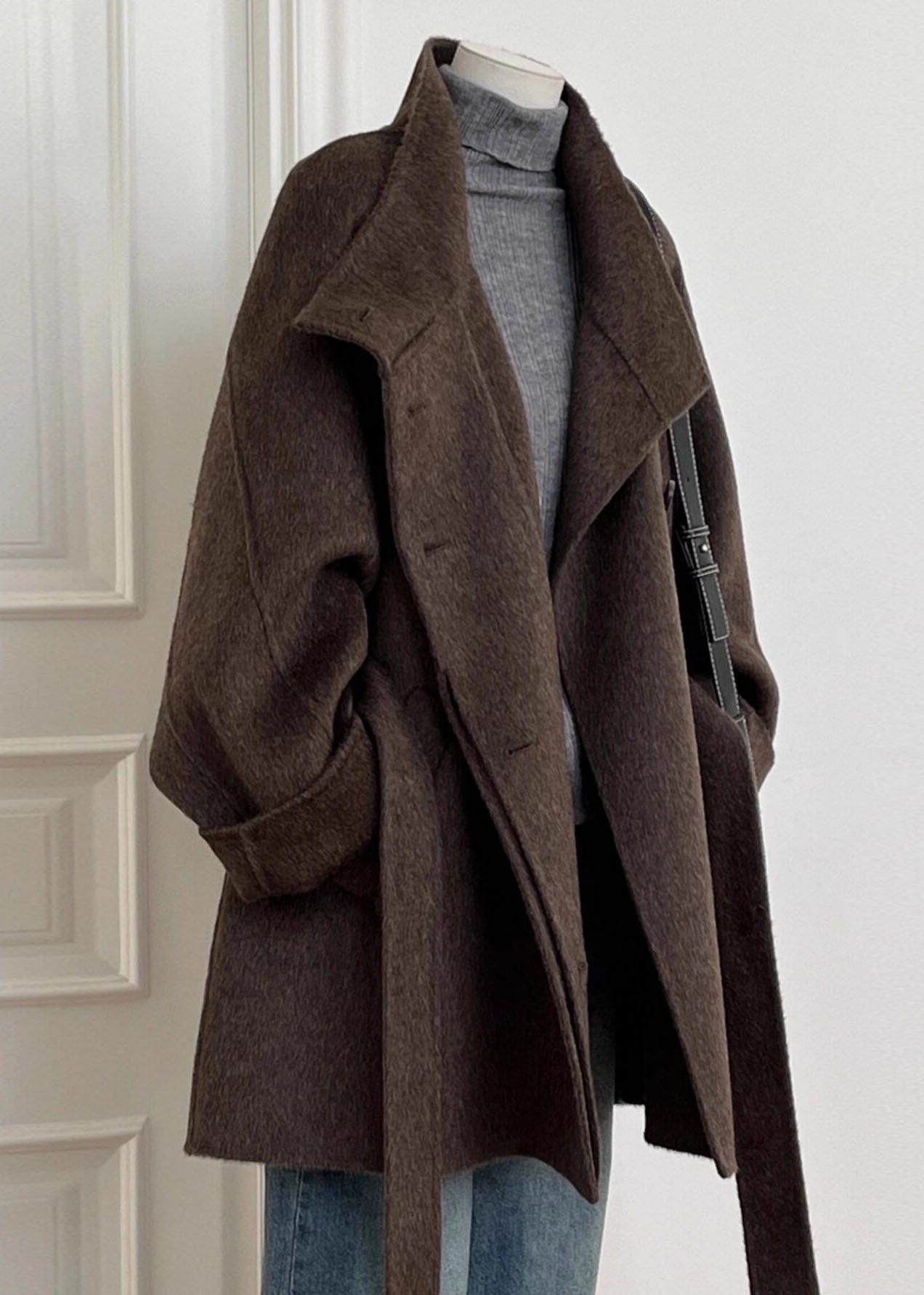 Italian Brown Pockets Patchwork Tie Waist Woolen Coat Long Sleeve