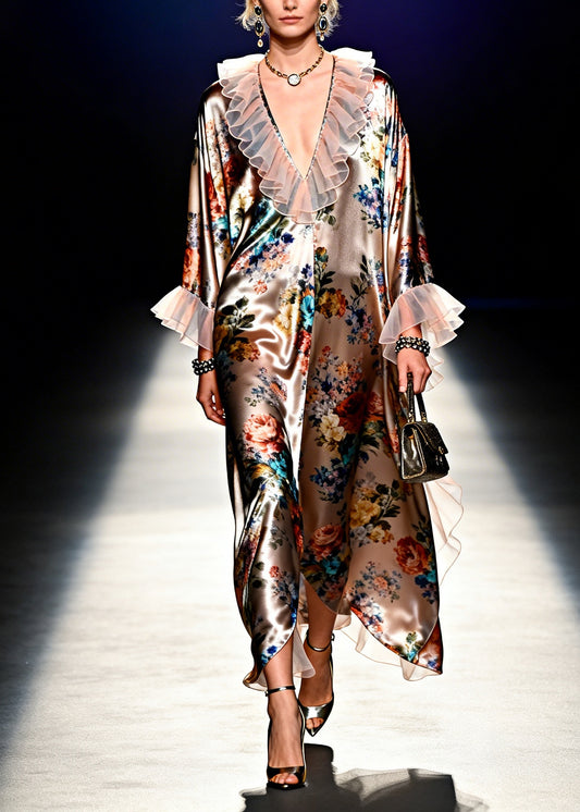 Italian Brown Ruffled Patchwork Print Silk Long Dress Summer