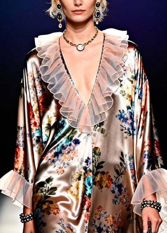 Italian Brown Ruffled Patchwork Print Silk Long Dress Summer