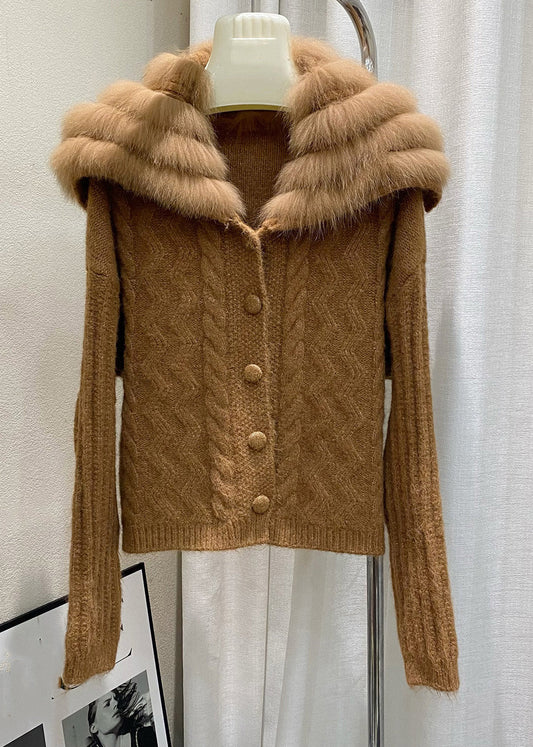 Italian Brown Sailor Collar Zippered Cotton Knit Cardigan Winter