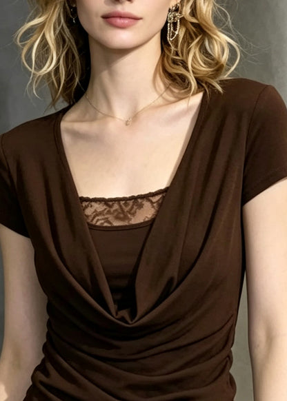 Italian Brown Turtle Neck Patchwork Chiffon Shirt Tops Summer