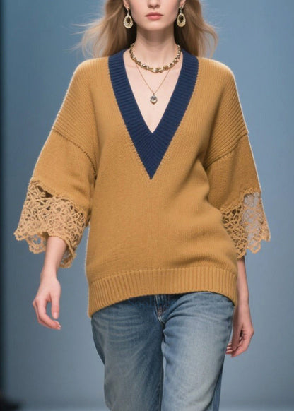 Italian Brown V Neck Patchwork Lace Knit Tops Bracelet Sleeve