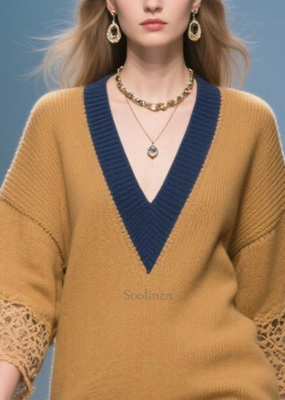 Italian Brown V Neck Patchwork Lace Knit Tops Bracelet Sleeve