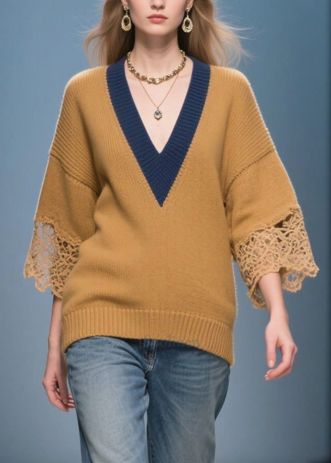 Italian Brown V Neck Patchwork Lace Knit Tops Bracelet Sleeve