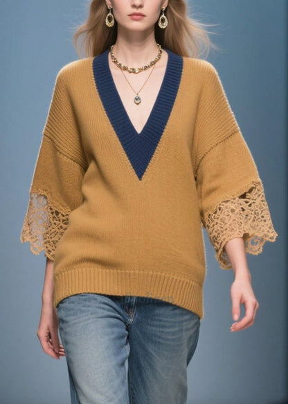 Italian Brown V Neck Patchwork Lace Knit Tops Bracelet Sleeve