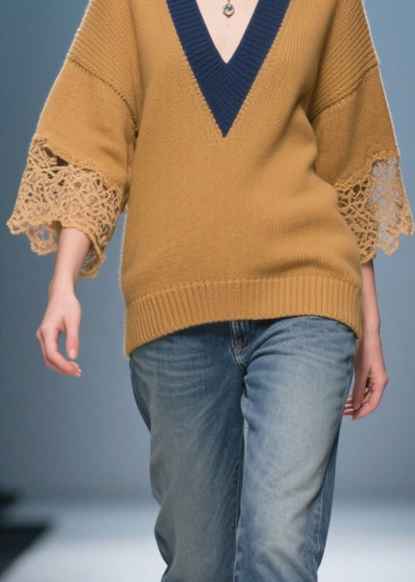 Italian Brown V Neck Patchwork Lace Knit Tops Bracelet Sleeve
