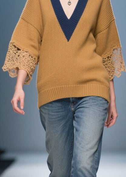 Italian Brown V Neck Patchwork Lace Knit Tops Bracelet Sleeve