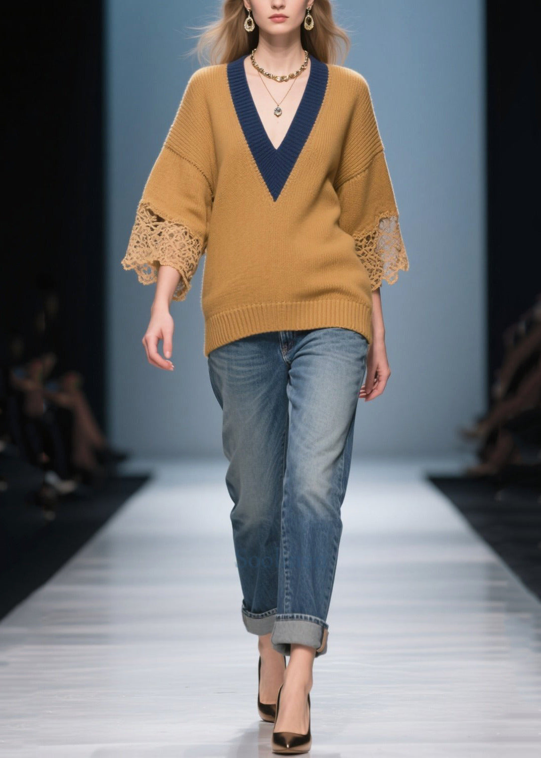 Italian Brown V Neck Patchwork Lace Knit Tops Bracelet Sleeve