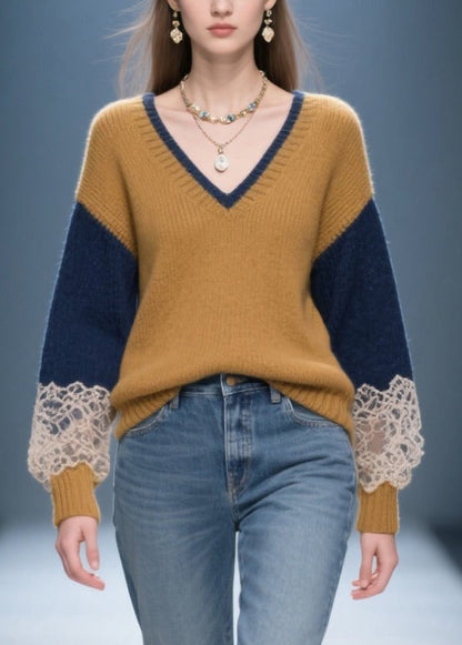 Italian Brown V Neck Patchwork Lace Sweaters Winter